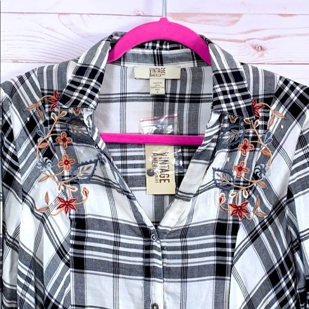 Vintage America Blues Embroidered Plaid  Button Down Shirt